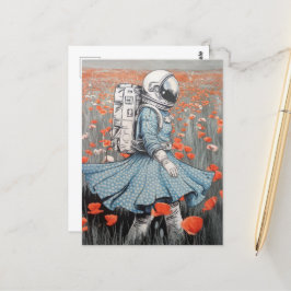 ein Astronaut in einem blauen Kleid, der in Pappi Postkarte