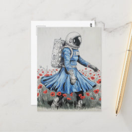 ein Astronaut in einem blauen Kleid, der in Pappi Postkarte