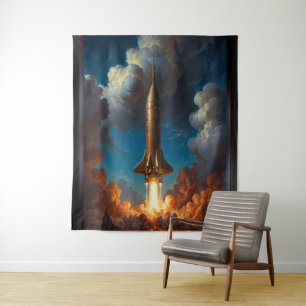 Ein atemberaubender Retro-Fusion-Raketenstart Wandteppich
