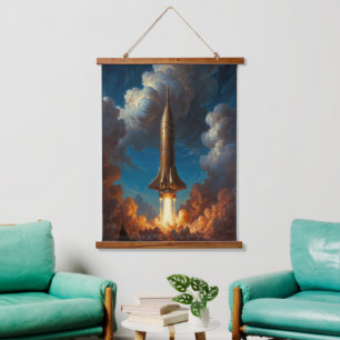 Ein atemberaubender Retro-Fusion-Raketenstart Wandteppich Mit Holzrahmen