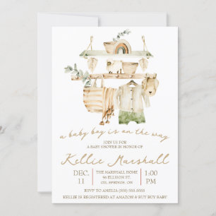 Ein Baby Boy ist unterwegs! Wäscheleine Babydusche Einladung