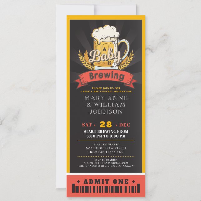 Ein Baby braut Bier Ticket Paare Babydusche Einladung (Vorderseite)