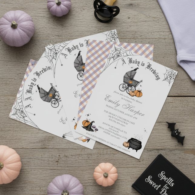 Ein Baby braut eine neutrale Dusche für das Grauge Einladung (Cute Gothic Baby Shower Invite. Spooky Victorian Stroller, Black Crow, Orange Pumpkins, Witch Hat)