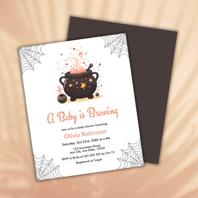 Ein Baby braut Halloween Baby Shower Invite (Budget Orange A Baby is Brewing Cauldron Halloween Baby Shower Invitation  )