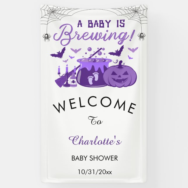 Ein Baby braut Lila Halloween-Kinderdusche Banner (Vertikal)