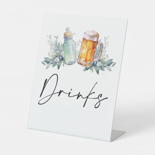 Ein Baby brütet Babyduschtränke. Sockelschild (Vorderseite)