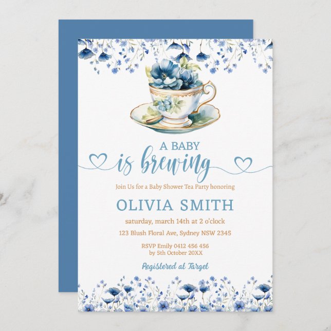 Ein Baby brütet blumige Tee Party Boy Baby Dusche Einladung (Vorne/Hinten)