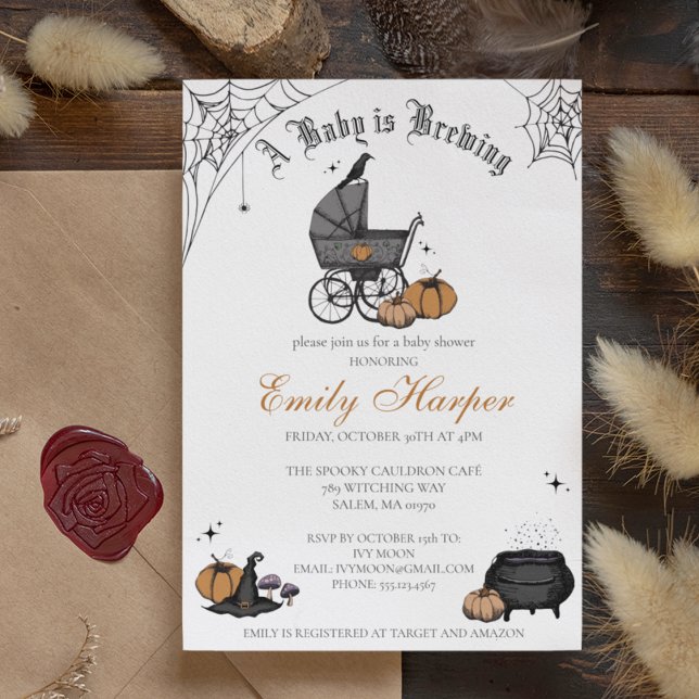 Ein Baby brütet eine neutrale Baby-Dusche für Gesc Einladung (Gothic Halloween Baby Shower Invitation. Hand Drawn Vintage Baby Carriage, Raven, Witch Hat, Pumpkin)
