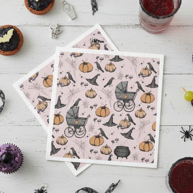 Ein Baby brütet eine Viktorianische, rosa Babytrae Serviette (Pink Gothic Halloween Baby Shower Paper Napkins. Vintage Baby Carriage, Black Raven, Pumpkin & Web)