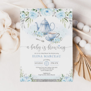 Ein Baby brütet Silver Blue Floral Tee Party Einladung