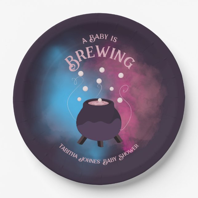 Ein Baby brütet Spooky Gender Reveal Cauldron Pappteller (Vorderseite)