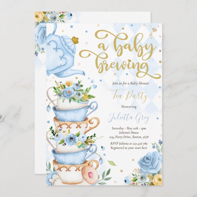 Ein Baby brütet Tea Party Baby Dusche Blue Rose Einladung (Vorne/Hinten)