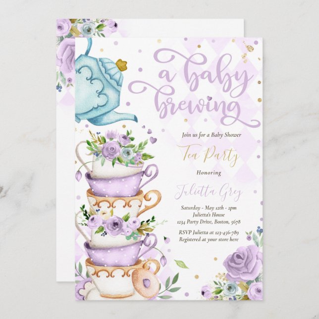 Ein Baby brütet Tea Party Babydusche Lilac Rose Einladung (Vorne/Hinten)
