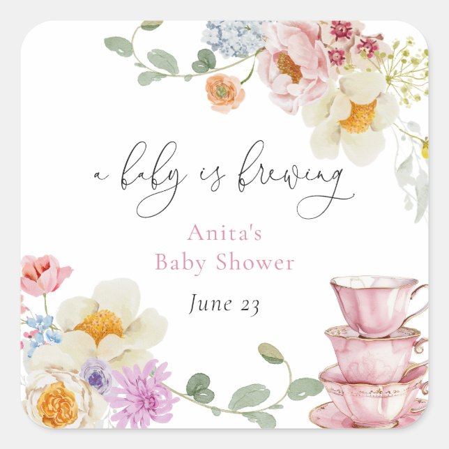 Ein Baby brütet Wildblume Tea Baby Dusche Quadratischer Aufkleber (Vorderseite)