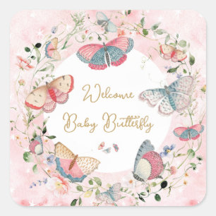Ein Baby Butterfly ist auf dem Weg zur Babydusche Quadratischer Aufkleber