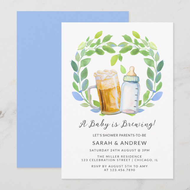 Ein Baby ist Bierbrauen & Flaschen Gründusche Einladung (Vorne/Hinten)