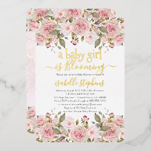 Ein Baby Mädchen blüht Rosa Florales Babyshower Folieneinladung