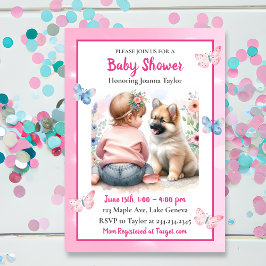 Ein Baby Mädchen und ihre Puppy Pink Babydusche Einladung