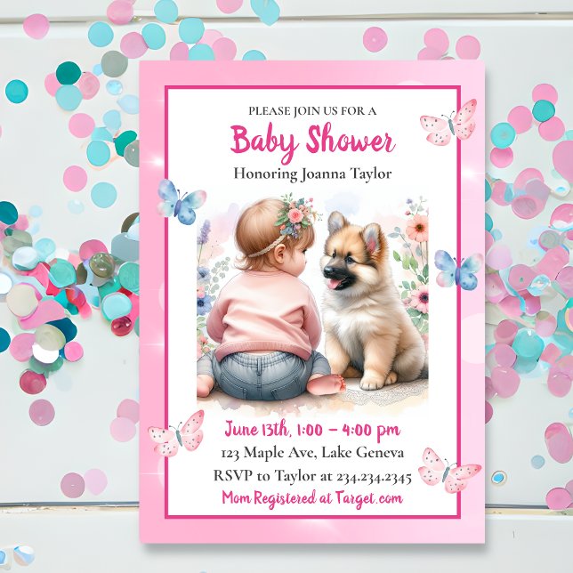 Ein Baby Mädchen und ihre Puppy Pink Babydusche Einladung (Von Creator hochgeladen)