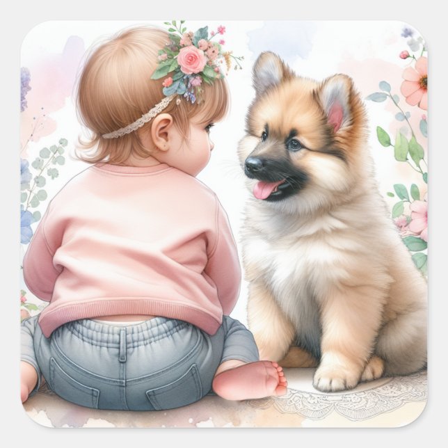 Ein Baby Mädchen und ihre Puppy Pink Babydusche Quadratischer Aufkleber (Vorderseite)