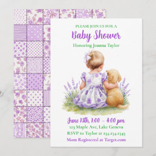 Ein Baby und ihr Hund   Lila Babyparty für Mädchen Einladung