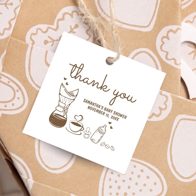 Ein Baby wird Coffee Baby Shower Square brauen Geschenkanhänger (A Baby is Brewing Coffee Hand Drawn Baby Shower Square Favor Tags)