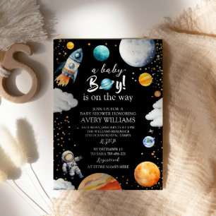 Ein Babyboy ist unterwegs Black Space Baby Shower Einladung