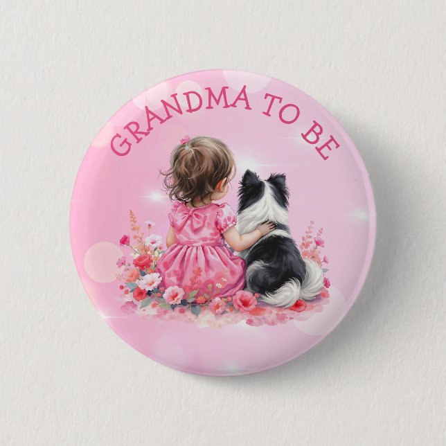 Ein Babymädchen und ihr Hund Oma wird Baby Shower  Button (Vorderseite)