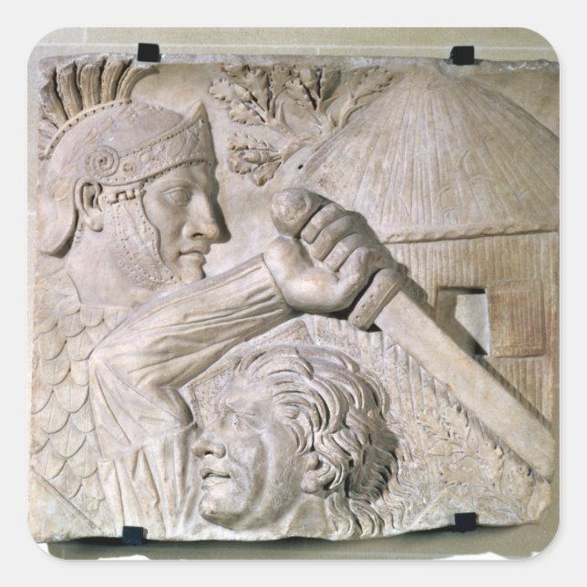 Ein Barbar, der eine römische Legionin bekämpft Quadratischer Aufkleber (Vorderseite)