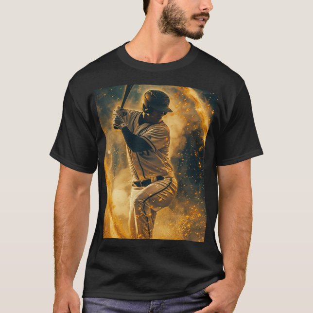 Ein Baseballspieler im Mittelschwung. Er ist umgeb T-Shirt (Vorderseite)