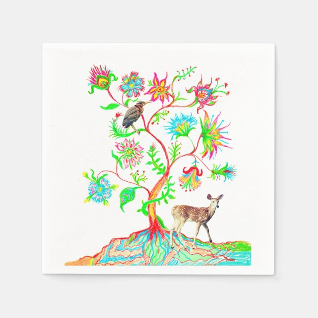 Ein Baum des Lebens, ein Vogel und eine Fauna Serviette (Vorderseite)