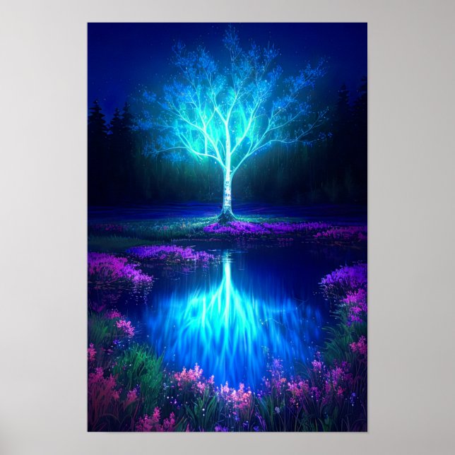 Ein Baum in Blau mitten in der Nacht Poster (Vorne)