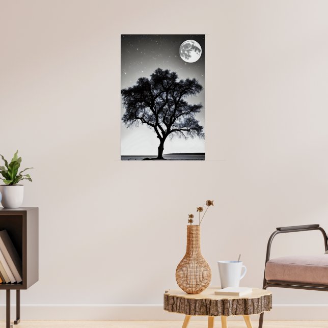 Ein Baum in der Wüste unter dem Licht der vollen m Poster (Wohnzimmer 3)