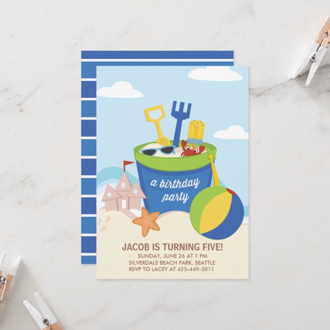 Ein Beach Party Kindergeburtstag-Party-Einladung_B Einladung (Vorderseite/Rückseite Beispiel)