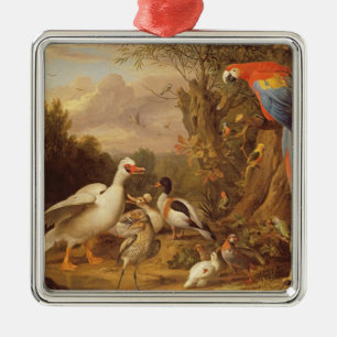 Ein Becken, Enten, Papageien und andere Vögel in Ornament Aus Metall