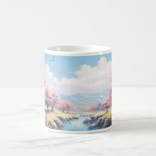 Ein Berg, ein Fluss und ein Baum im Frühling Kaffeetasse (Mittel)