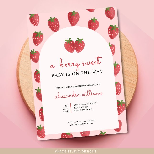 Ein Berry Sweet Baby ist auf dem Weg zur Babydusch Einladung (Invite shown in 5 x 7 inches, choose size, paper and corner style. Buy print or digital invitations.)