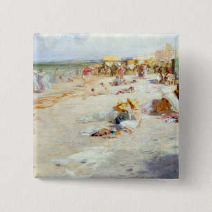 Ein beschäftigter Strand im Sommer Button