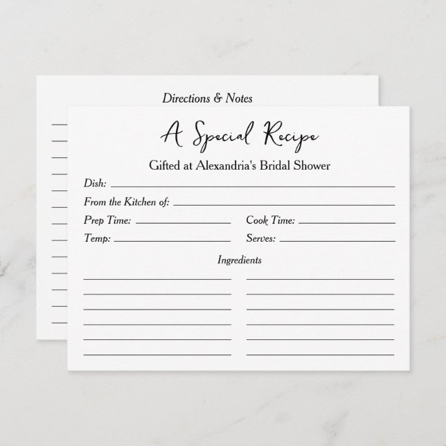 Ein besonderes Rezept für die Brautparty-Giftkarte (Vorne/Hinten)
