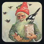 "Ein Beutel Birdseed" von Jenny Nystrom Quadratischer Aufkleber<br><div class="desc">Jenny Nystrom schuf das Bild der bösen Geister und Gnomen,  die den schwedischen Bauernhof und die Gebäude beschützten. Sie repräsentierten auch den Weihnachtsmann,  der am Weihnachtsabend Kindergeschenke lieferte. Dieses Bild zeigt eine Tomate mit einer Tüte Vogelsamen,  die eine Herde wild lebender Vögel füttre.</div>