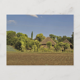 Ein bewirtschaftetes Feld vor Häusern mit Strohdäc Postkarte