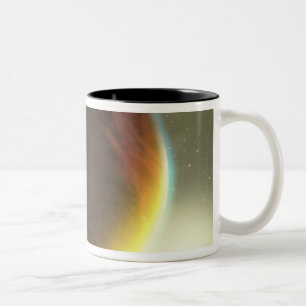Ein bewölkter Jupiter-artiger Planet, der sich umk Zweifarbige Tasse