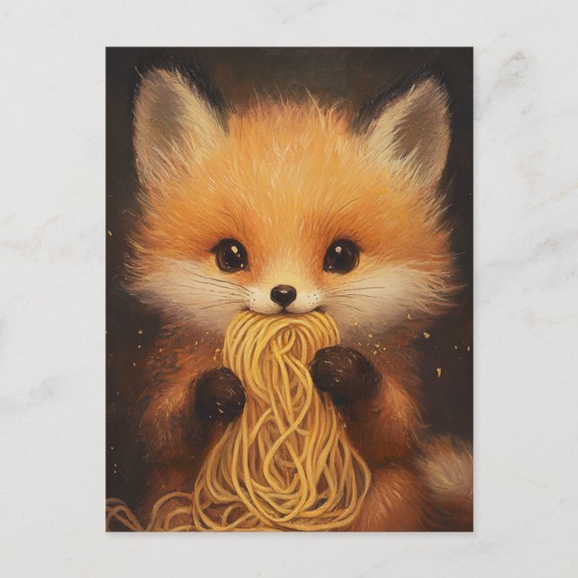 Ein bezaubernder Baby-Rotfuchs, der Spaghetti isst Postkarte (Vorderseite)