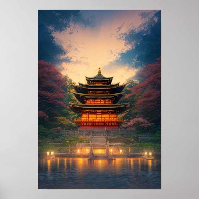 Ein bezaubernder japanischer Tempel bei Sonnenunte Poster (Vorne)