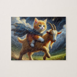 Ein bezauberndes Ingwerkitten, das eine Ziege reit Puzzle