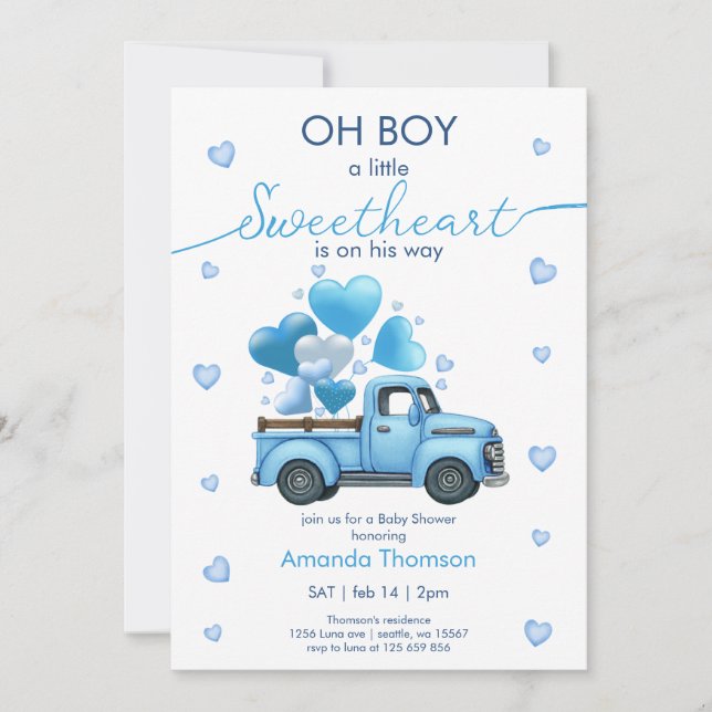 Ein bisschen Sweetheart Blue Truck Baby Dusche Einladung (Vorderseite)