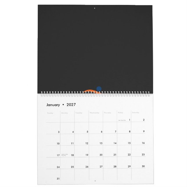 ein blau-orangefarbenes Logo mit einem Mann, der l Kalender (Jan 2027)