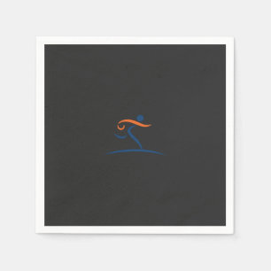 ein blau-orangefarbenes Logo mit einem Mann, der l Serviette