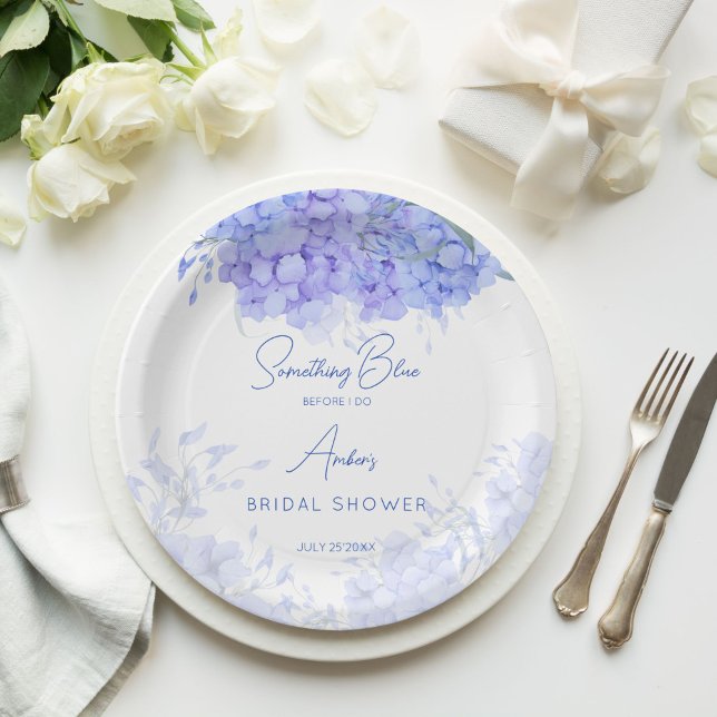 Ein blaues Hydrangea-Brautparty gedruckt Pappteller (Something blue hydrangea bridal shower monogram printed paper plates personalized table decor)
