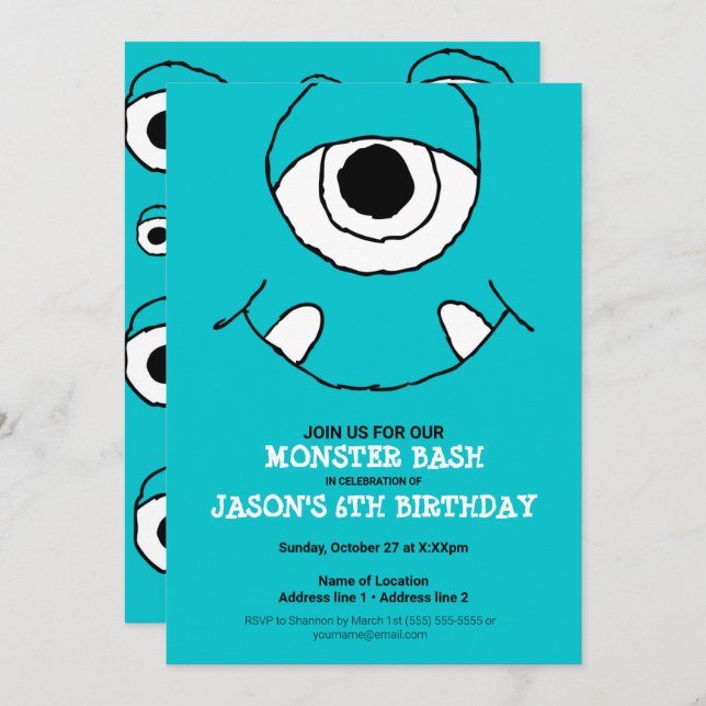 Ein blaues Monster Bash! Niedliches Monster-Party  Einladung (Vorne/Hinten)